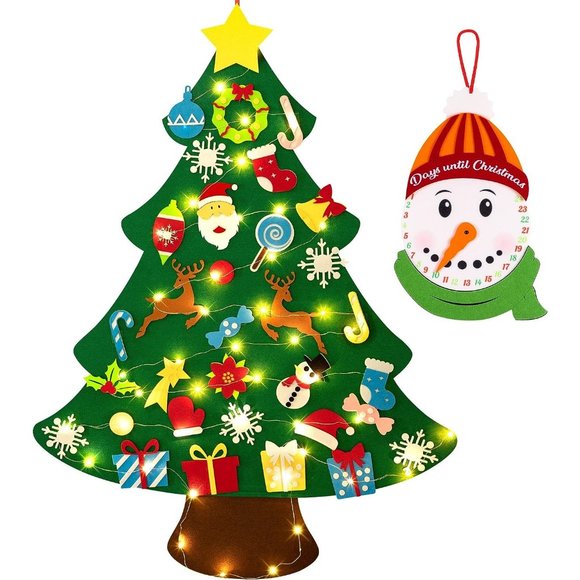 3ft DIY Lighted Felt Christmas Tree Set Plus Snowman 33 Ornaments Kids Gift - Picture 1 of 10